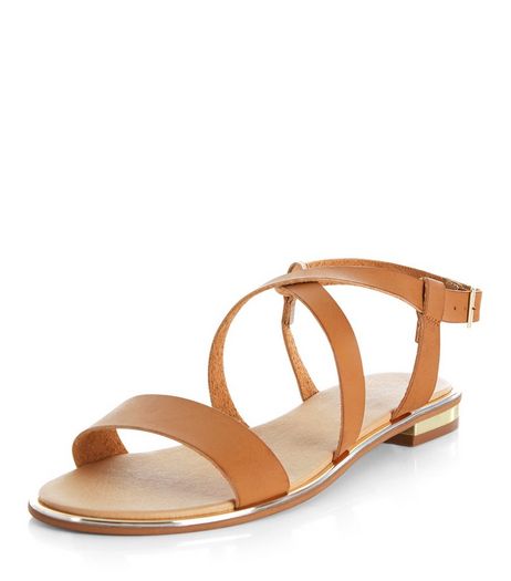 Wide Fit Tan Cross Strap Sandals | New Look