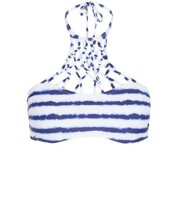 Blue Tie Dye Stripe Caged High Neck Bikini Top  | New Look