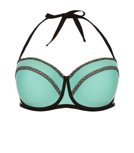 Curves Turquoise Aztec Trim Underwired Bikini Top | New Look