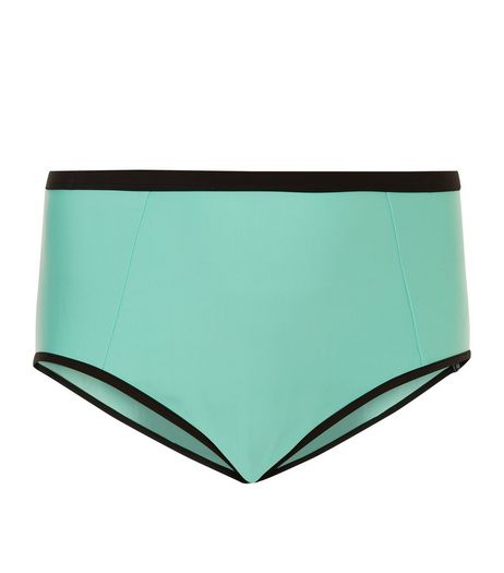 Curves Blue Contrast Trim High Waisted Bikini Bottoms | New Look