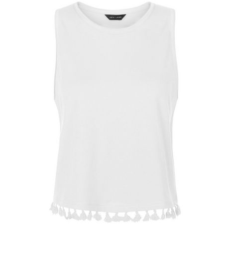 White Tassel Trim Sleeveless Top | New Look