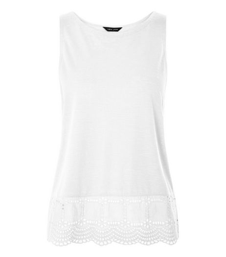 White Broderie Hem Sleeveless Top | New Look