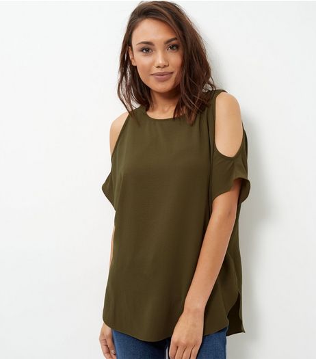 Khaki Cold Shoulder T-Shirt | New Look
