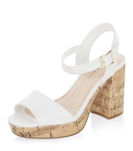 Wide Fit White Leather-Look Block Heels | New Look