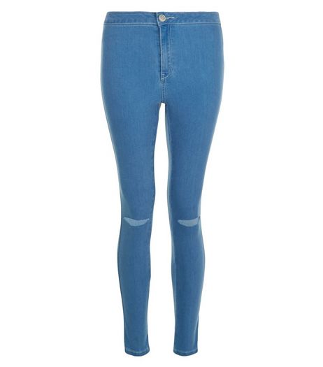 Teens Blue Ripped Knee High Waist Super Skinny Jeans | New Look