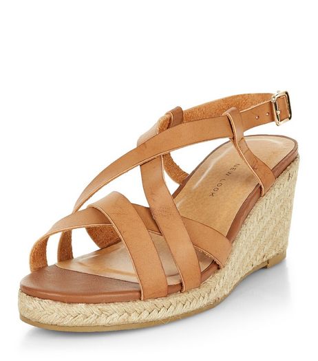 Wide Fit Tan Cross Strap Contrast Wedge Sandals | New Look