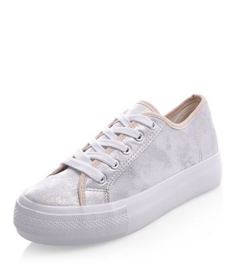 Silver Metallic Lace Up Flatform Plimsolls | New Look