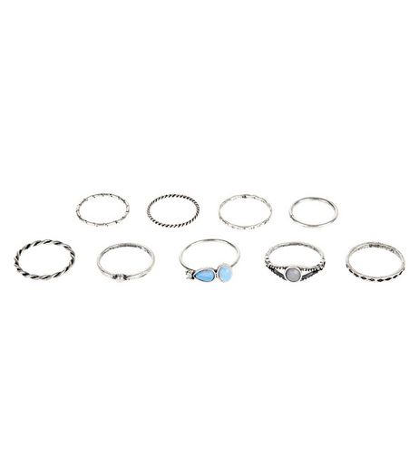 9 Pack Silver Embellished Stone Rings | New Look