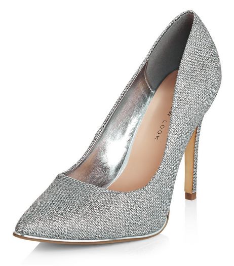 Wide Fit Silver Glitter Pointed Court Shoes | New Look