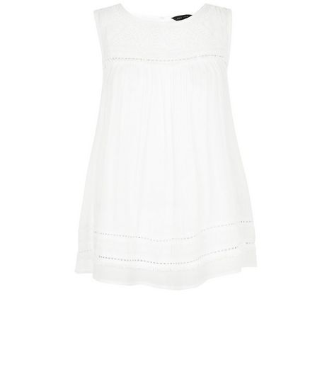 Cream Embroidered Panel Fray Trim Sleeveless Top | New Look