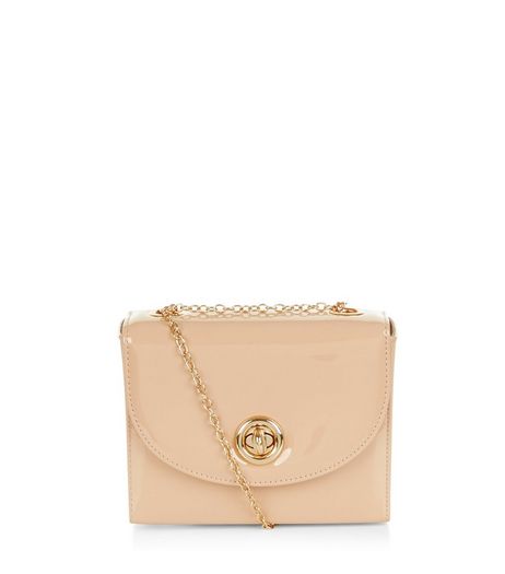Stone Patent Box Shoulder Bag | New Look