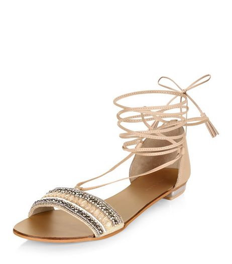 Stone Leather Beaded Lace Up Sandals | New Look