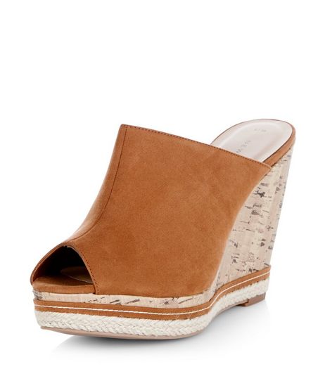 Stone Peep Toe Wedge Mules | New Look