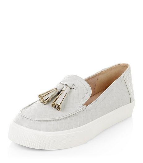Pale Grey Woven Tassel Front Slip On Plimsolls | New Look