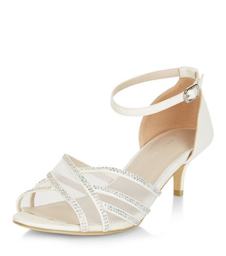 Wide Fit Cream Diamante Mesh Cross Strap Heeled Sandals | New Look