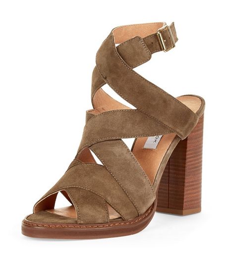 Khaki Premium Leather Multi Strap Block Heels | New Look