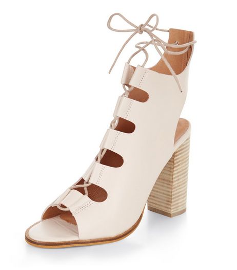 Pink Premium Leather Peep Toe Ghillie Block Heels | New Look