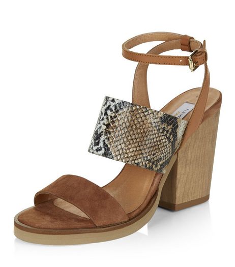 Tan Premium Leather Snakeskin Print Block Heels | New Look