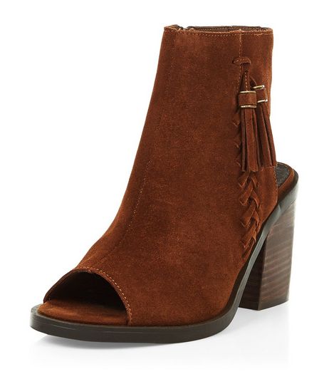 Tan Premium Suede Peep Toe Block Heel Boots | New Look