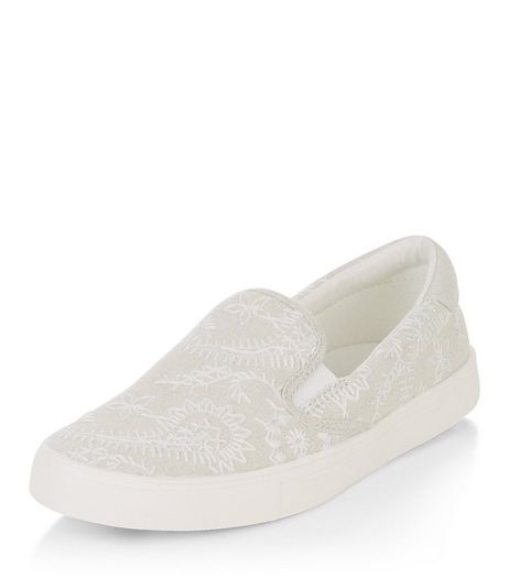 Cream Embroidered Slip On Plimsolls | New Look