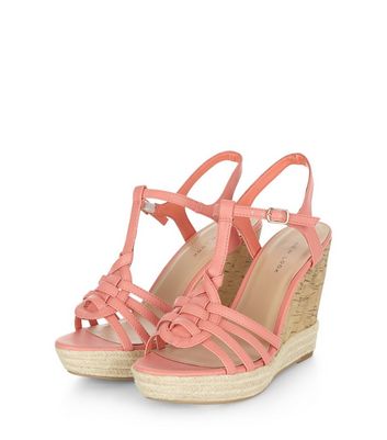 Coral Cross T-Bar Strap Espadrille Wedges | New Look