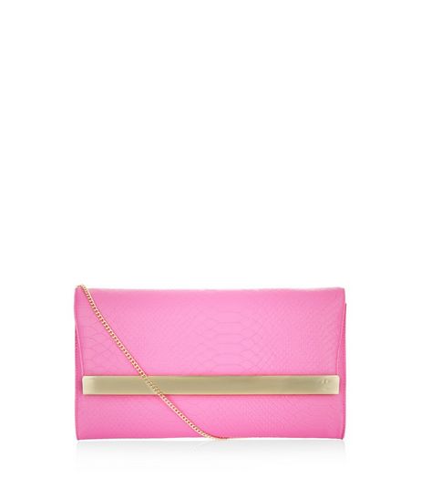 Pink Textured Metal Bar Clutch | New Look
