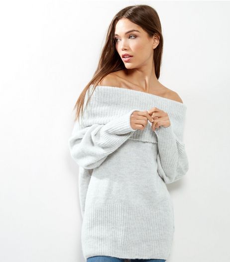 Pale Grey Ribbed Bardot Neck Jumper | New Look