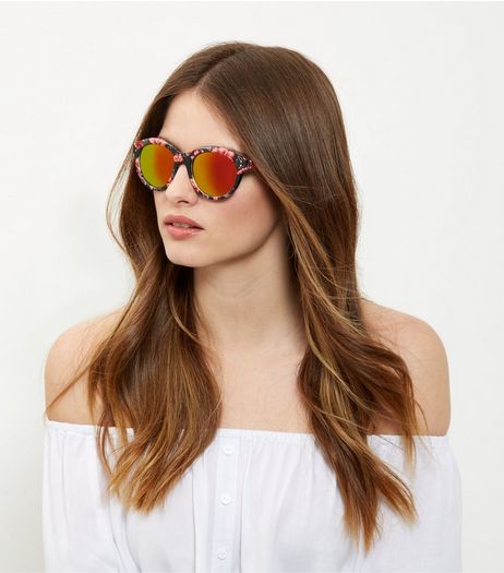 Pink Floral Print Mirrored Sunglasses | New Look