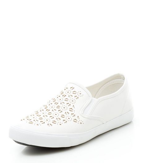 Wide Fit White Laser Cut Out Slip On Plimsolls | New Look