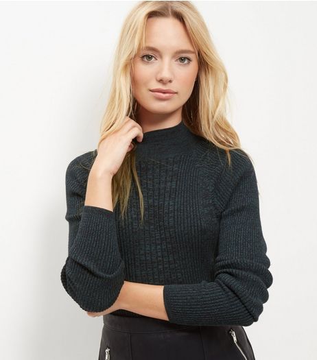 Dark Green Ribbed Funnel Neck Long Sleeve Top | New Look