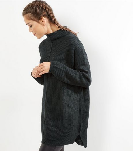 Dark Green Ribbed Funnel Neck Jumper | New Look