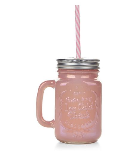 Pink Irridescent Glass Jar and Straw | New Look
