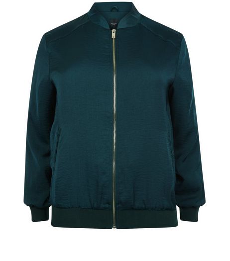 Curves Dark Green Sateen Bomber Jacket | New Look