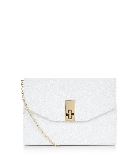 White Glitter Metal Trim Twist Lock Box Clutch | New Look