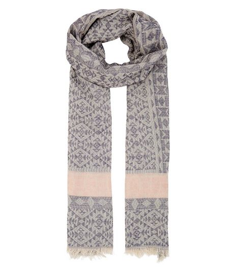 Grey Abstract Print Jacquard Fringed Scarf | New Look