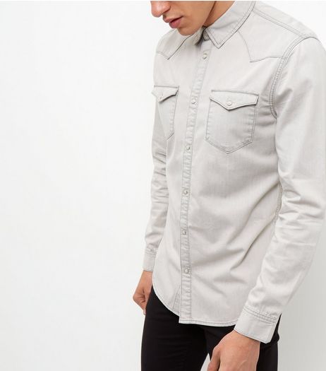 Pale Grey Denim Western Long Sleeve Shirt | New Look