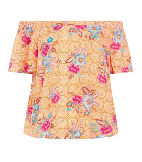 Orange Floral Tile Print Bardot Neck Top | New Look