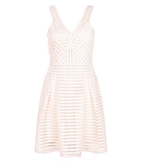 Shell Pink Mesh Stripe V Neck Skater Dress | New Look