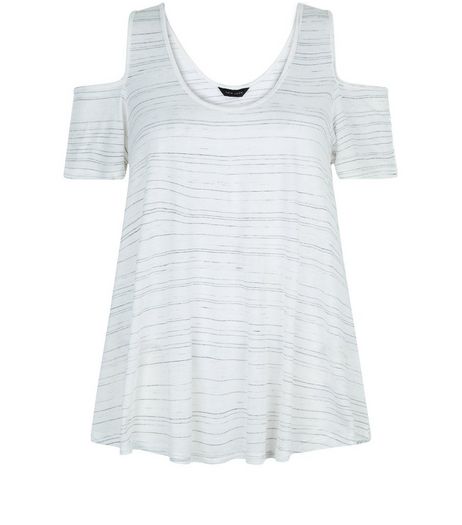 Cream Textured Stripe Cold Shoulder Swing Top | New Look