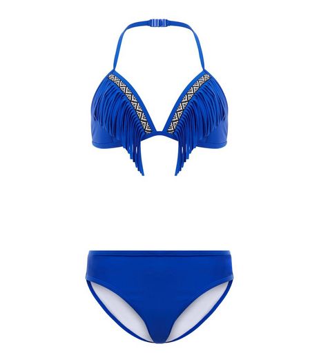 Teens Blue Aztec Print Trim Fringed Bikini Set | New Look