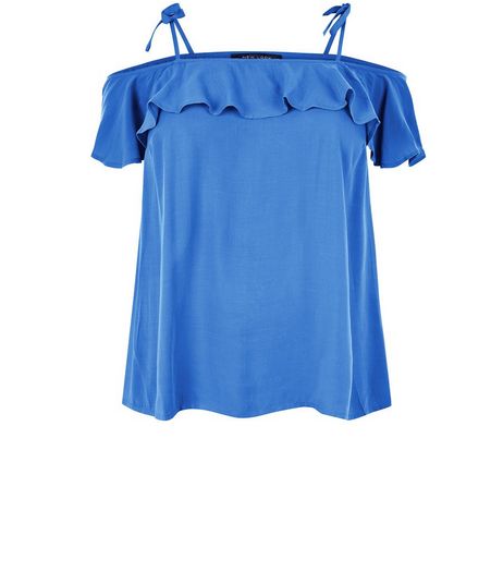 Curves Blue Frill Cold Shoulder Top | New Look