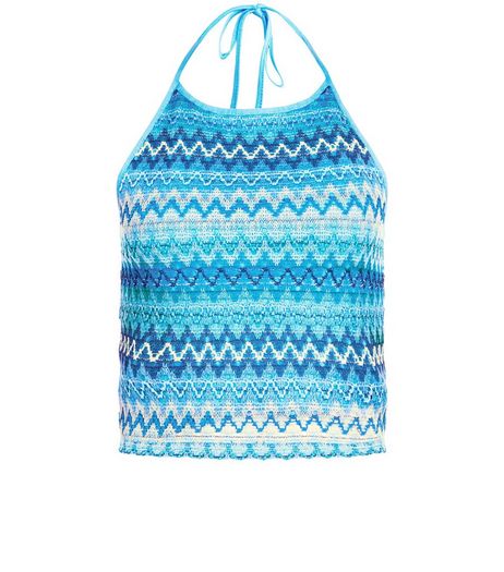 Blue Zig Zag Crochet Halter Neck Top | New Look
