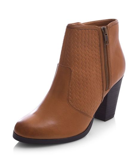 Tan Leather Woven Panel Block Heel Ankle Boots | New Look