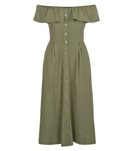 Khaki Button Front Frill Bardot Neck Midi Dress | New Look