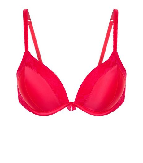 Bright Pink Satin Lace Trim Boost Bra | New Look