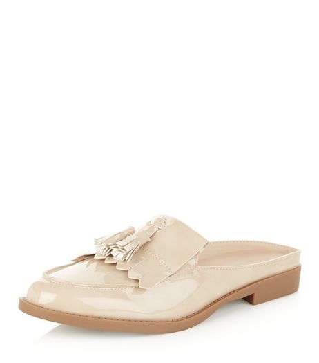 Cream Patent Tassel Front Mules | New Look