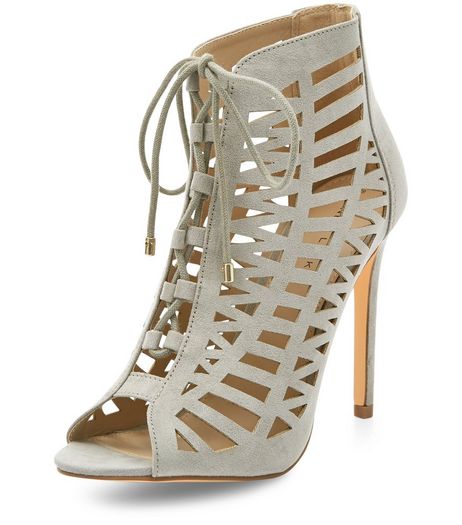 Grey Suedette Laser Cut Out Peep Toe Ghillie Heels | New Look