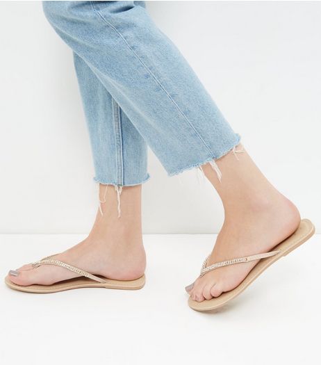 Wide Fit Cream Leather Embellished Flip Flops | New Look