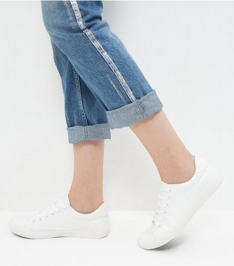 White Leather-Look Lace Up Trainers | New Look