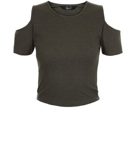 Teens Khaki Ribbed Cold Shoulder T-Shirt | New Look